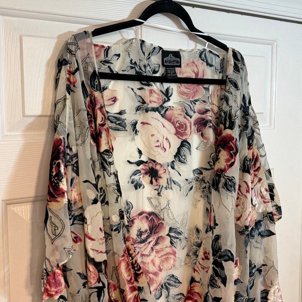 Angie M Sheer Floral Velvet Burnout Kimono Wrap Gold Cream Pink Romantic Gauzy